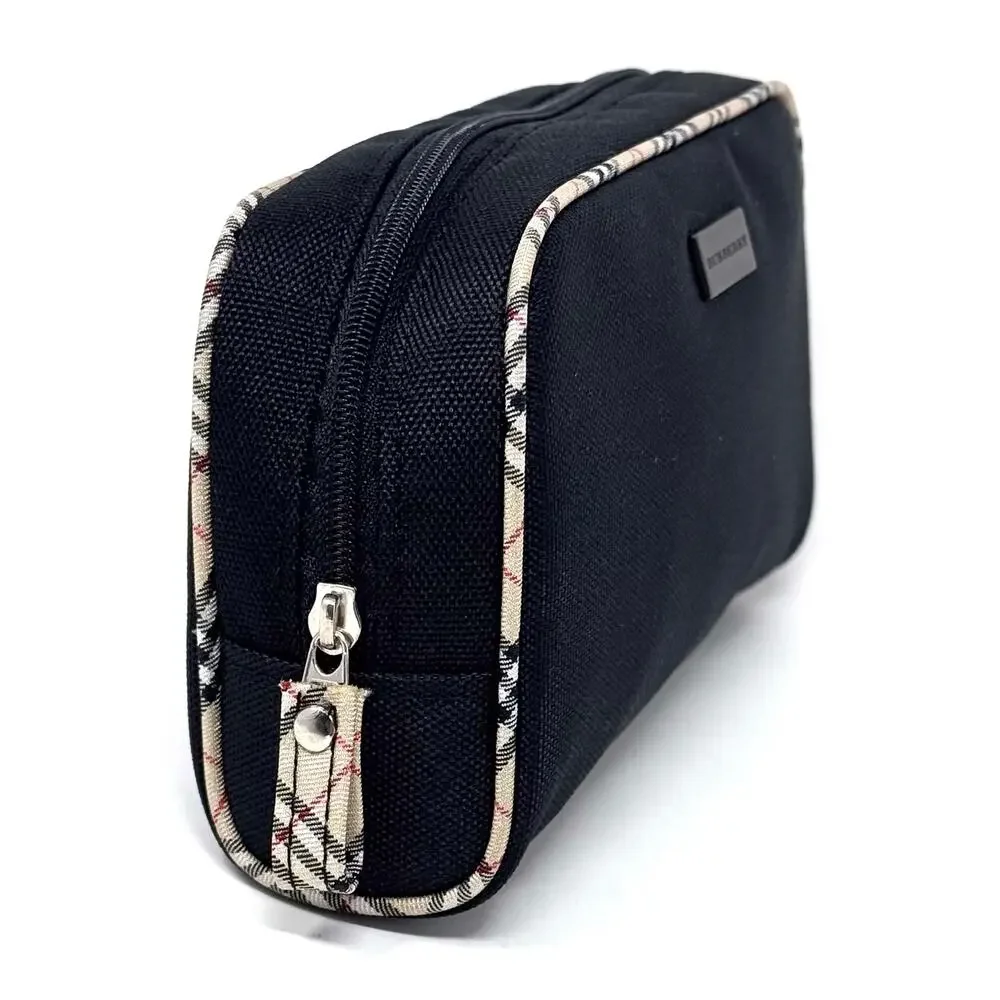 Burberry Black Canvas Zip Cosmetic Pouch with Check Trim